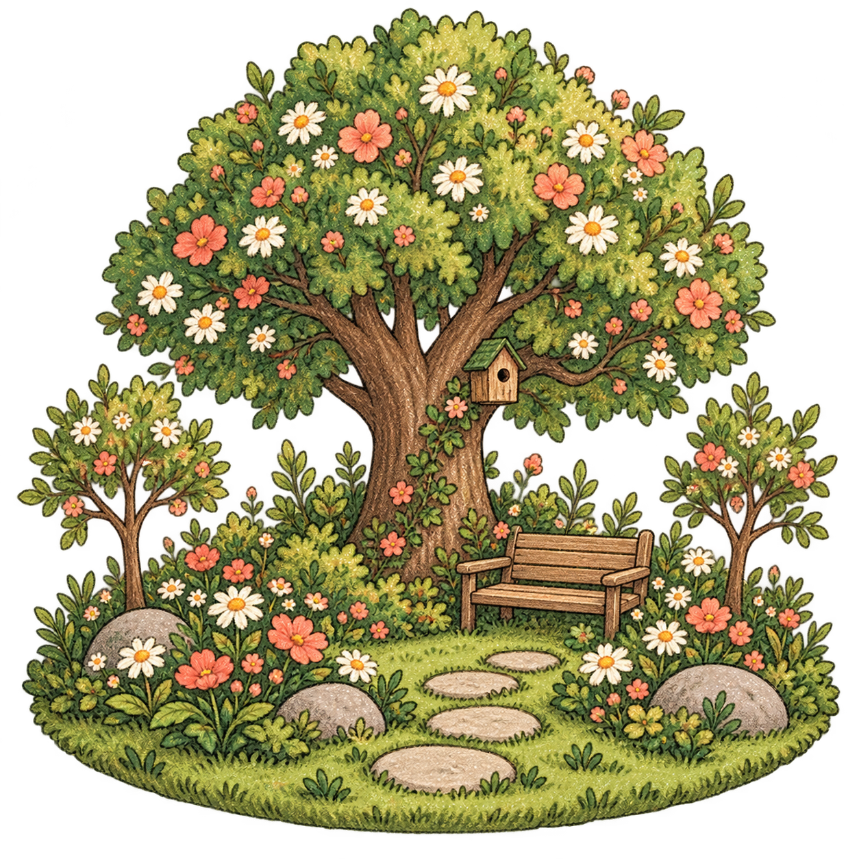 An illustrated garden with a flowering tree and a quiet bench
